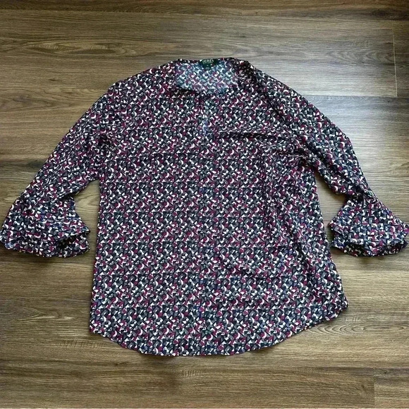 LRL Lauren Ralph Lauren Womens Blouse 1X Top Colorful Peasant Button Office - Picture 1 of 8